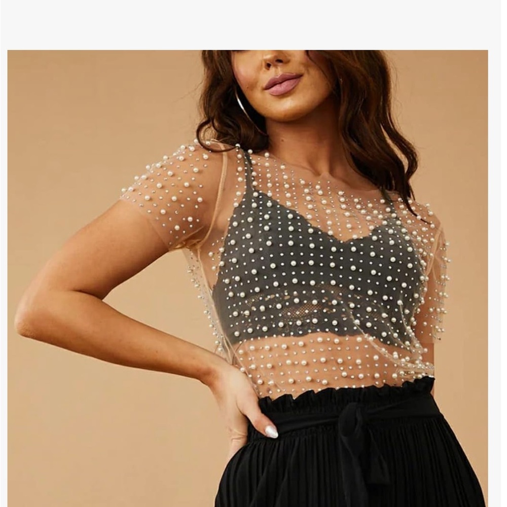Women Sexy Mesh Sheer Pearl Rhinestone Crop T Shirt